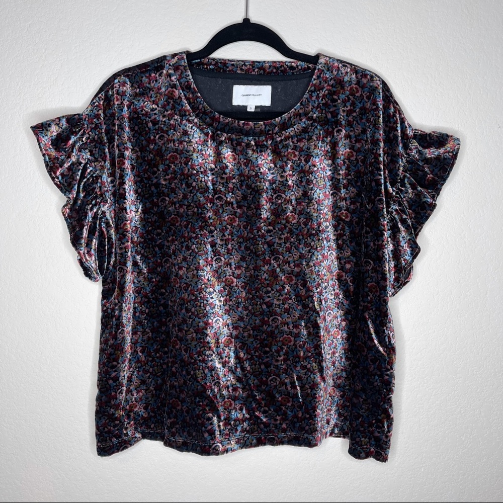 Current/Elliott Velvet Floral Short Sleeve Top in Black and Burgundy